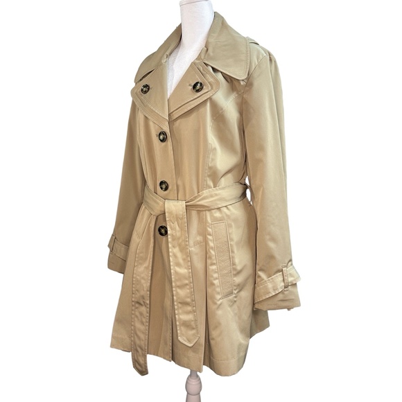 Liz Claiborne Vintage Trench Coat Tan Double Breasted Belted Hooded Womens Large